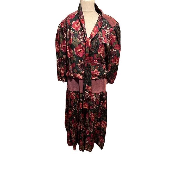 Vintage Lindsey Blake Womens Floral and Suede blouson Style Midi Dress Size 18 - Picture 1 of 13